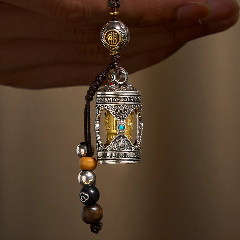 Buddha Stones Om Mani Padme Hum Ghau Prayer Box Copper Plated Silver Luck Key Chain