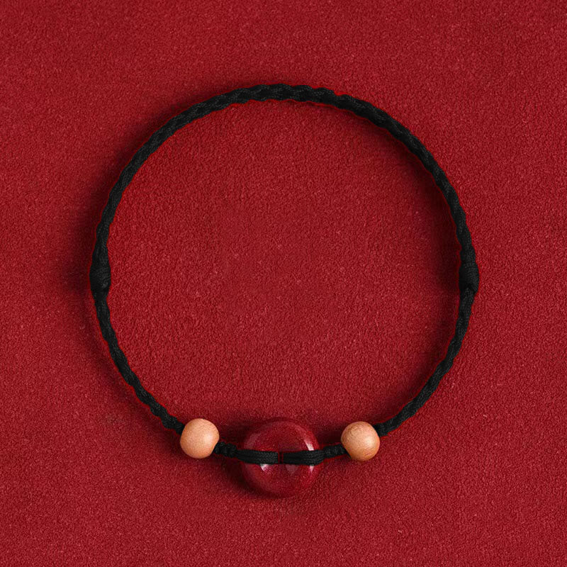 Buddha Stones Peach Wood Peace Buckle Cinnabar Wealth String Bracelet Anklet