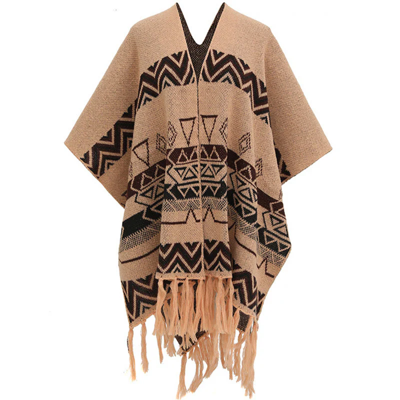 Buddha Stones Tibetan Wave Stripe Geometry Tassels Shawl Fall Winter Cozy Scarf Wrap