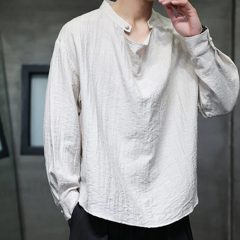 Buddha Stones Spring Solid Color Pleated Stand Collar Design Tang Suit Men's Long Sleeve Linen Shirt