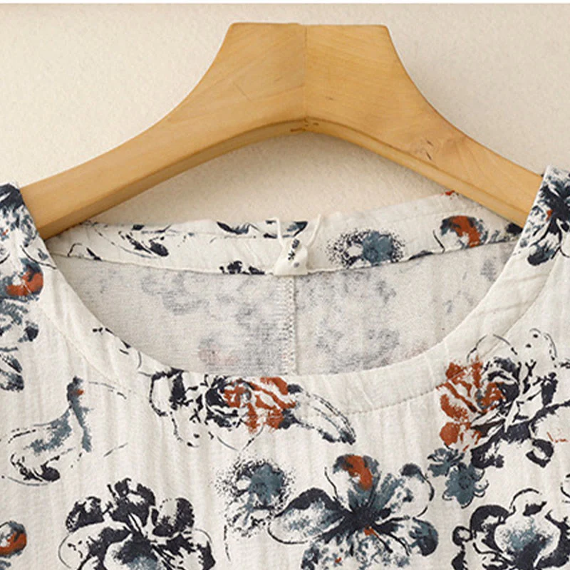 Buddha Stones Casual Small Floral Pattern Crew Neck Cotton Linen Midi Dress With Pockets