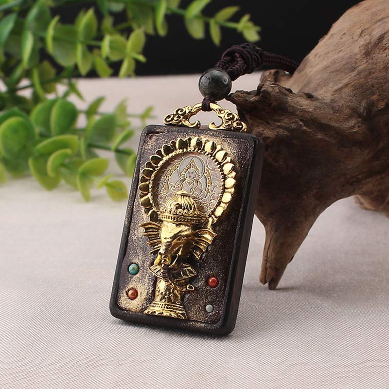 Buddha Stones Ebony Wood Elephant God of Fortune Buddha Blessing Necklace String Pendant