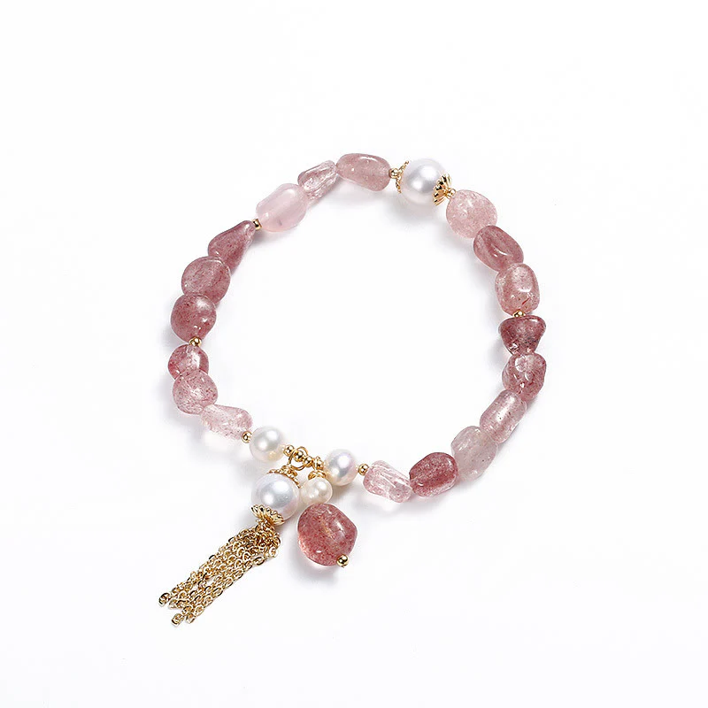 Buddha Stones Natural Strawberry Quartz Pearl 14k Gold Plated Love Healing Bracelet