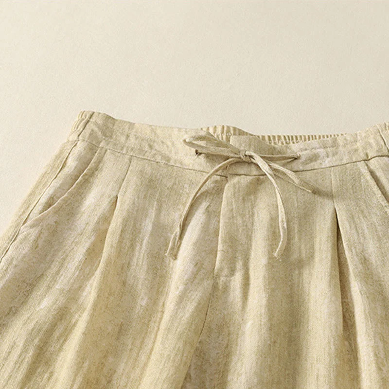 Buddha Stones Summer Plain Drawstring Zipper Design Women's Wide Leg Cotton Pants With Pockets