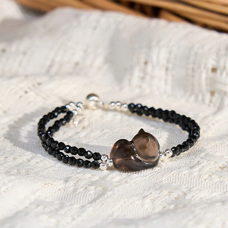 Buddha Stones Ice Obsidian Black Spinel Lying Cat Courage Double Layer Bracelet