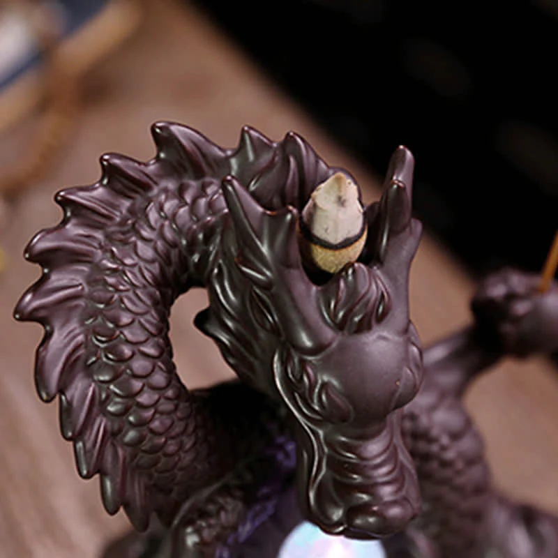 Buddha Stones Auspicious Dragon Ceramic Backflow Smoke Fountain Meditation Healing Incense Burner Led Ball Decoration