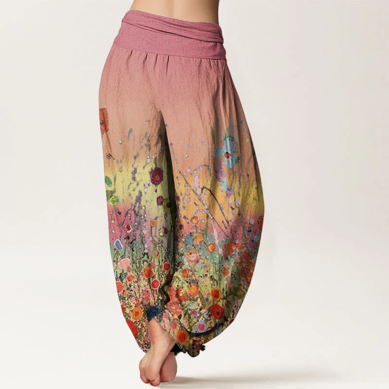 Buddha Stones Casual Colorful Flowers Gradient Background Pattern Women's Elastic Waist Harem Pants