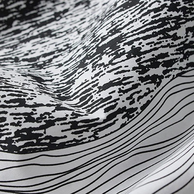 Buddha Stones Printing Irregular Lines Back Lace-up Design Lapel Cotton Midi Dress With Pockets