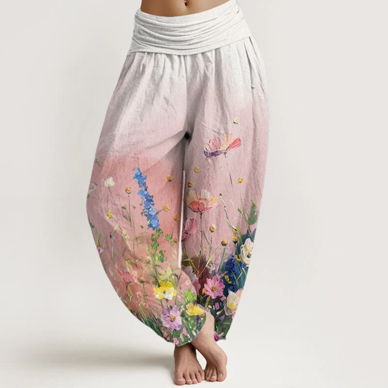 Buddha Stones Casual Watercolor Style Floral Pattern Women's Elastic Waist Harem Pants