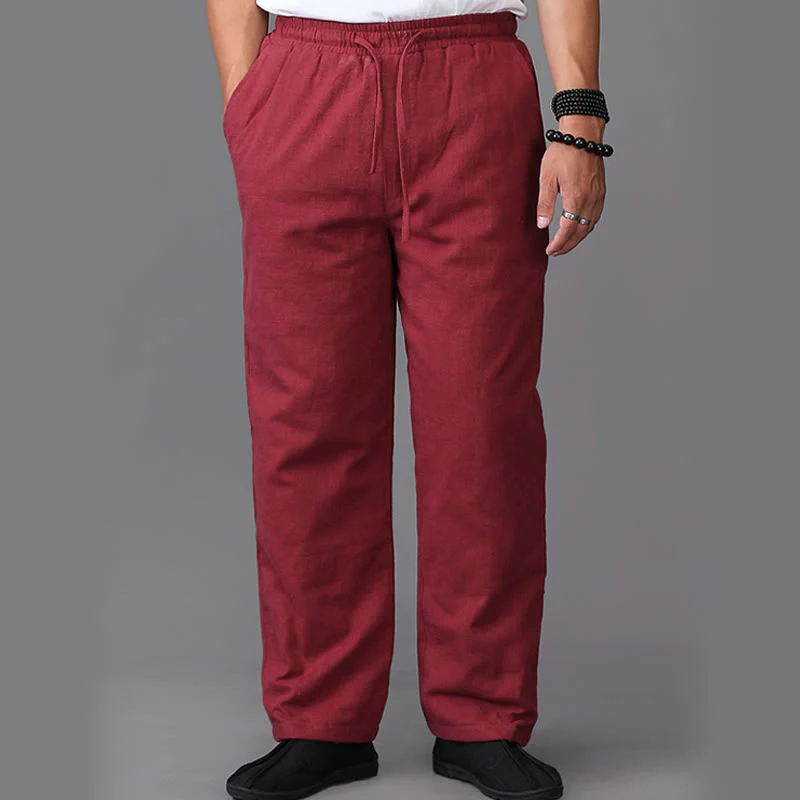 Buddha Stones Winter Men's Fleece Lined Drawstring Linen Pants With Pockets