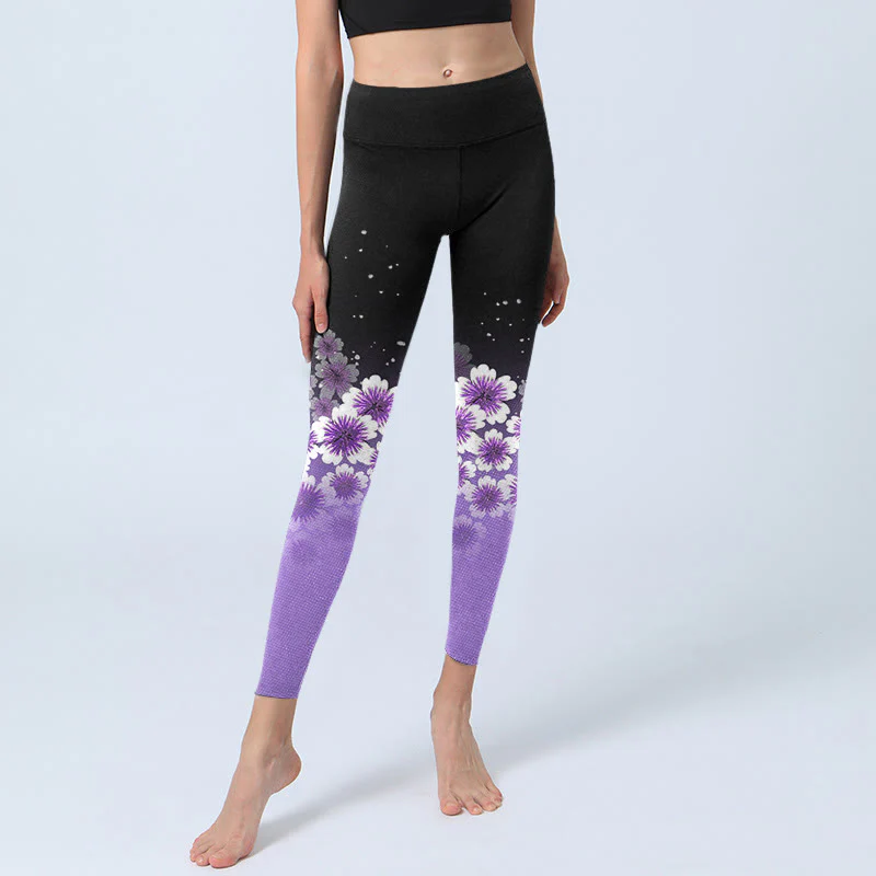 Buddha Stones White Purple Cherry Blossom Pattern Print Gym Leggings Women's Yoga Pants