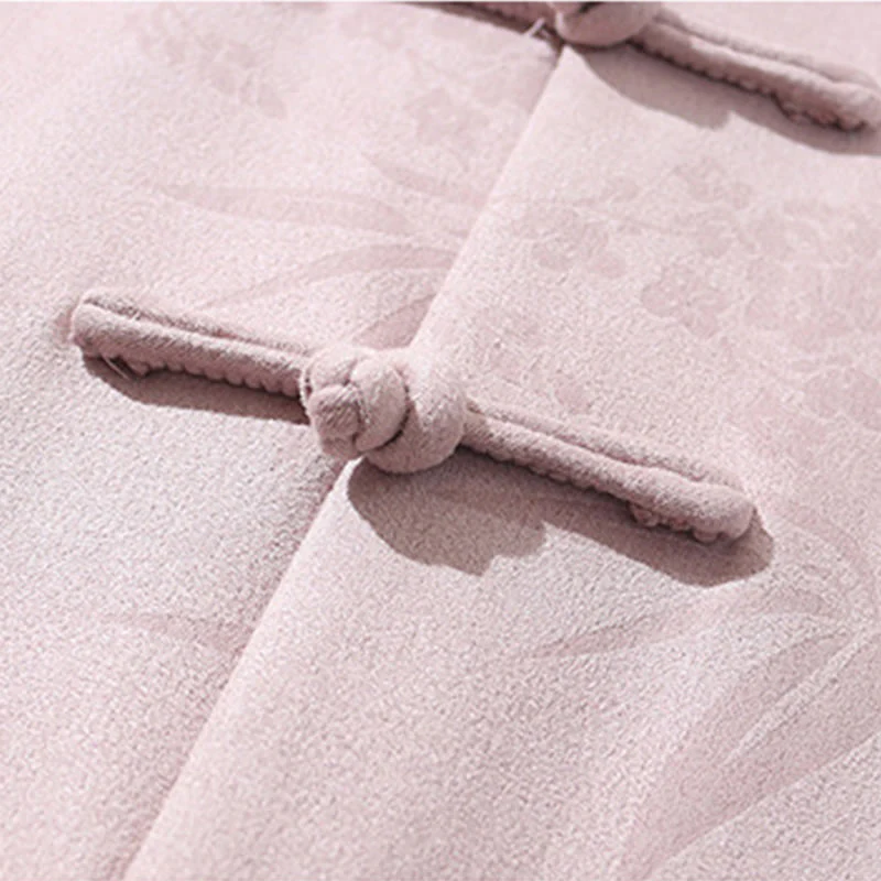 Buddha Stones Jacquard Bamboo Plum Bossom Pattern Chinese Frog-Button Design Men's Half Sleeve Cotton Shirt With Pockets