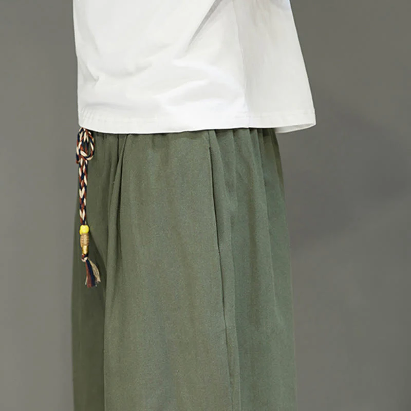 Buddha Stones Casual Plain Side Button Design Drawstring Men's Cotton Cropped Pants With Pockets