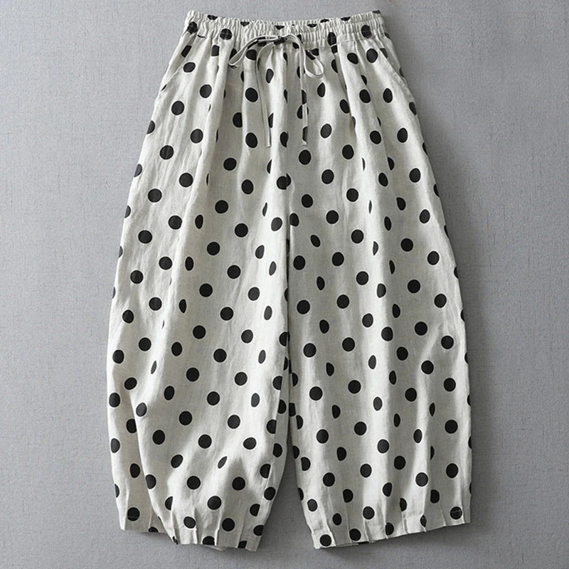 Buddha Stones Polka Dot Floral Pattern Pattern Women's Cotton Linen Harem Pants With Pockets