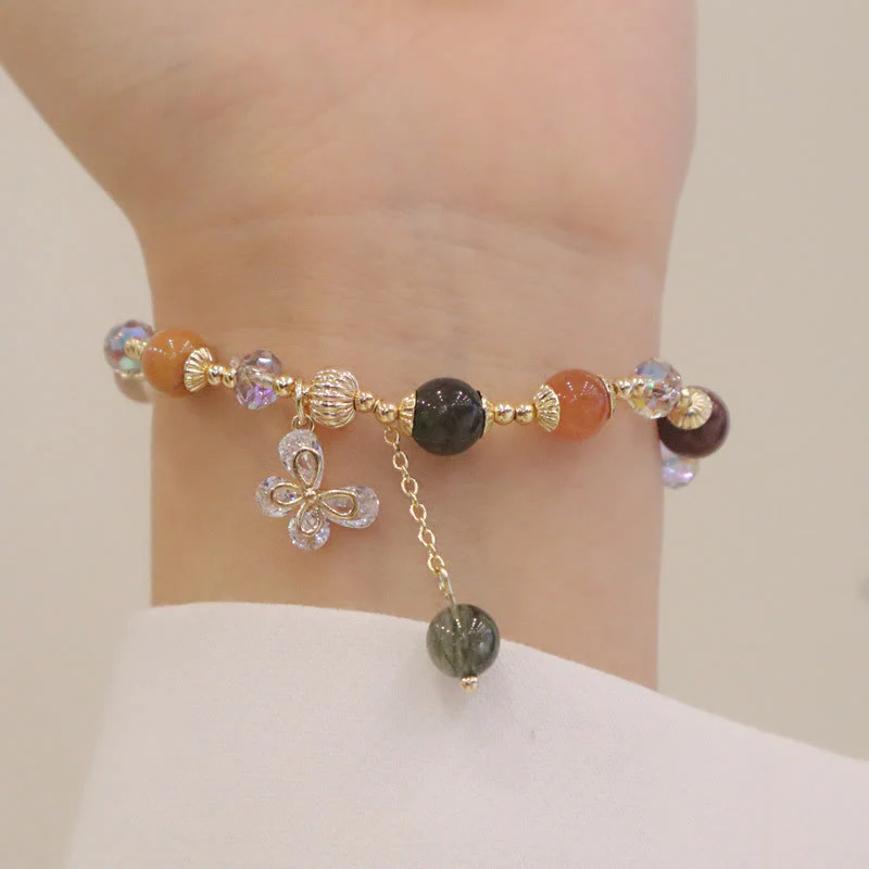 Buddha Stones Natural Fu Lu Shou Rainbow Crystal Rutilated Quartz Wealth Butterfly Charm Bracelet