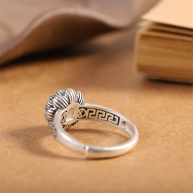 Buddha Stones925 Sterling Silver Lotus Red Agate Confidence Blessing Ring