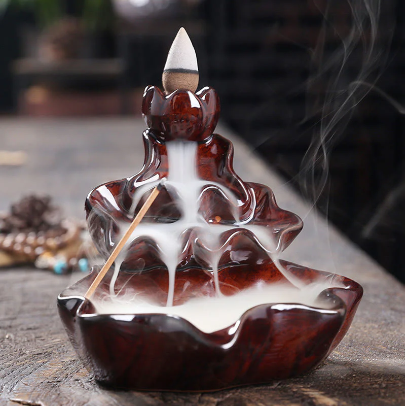 Buddha Stones Lotus Leaf Koi Fish Ceramic Backflow Smoke Fountain Peace Incense Burner Decoration