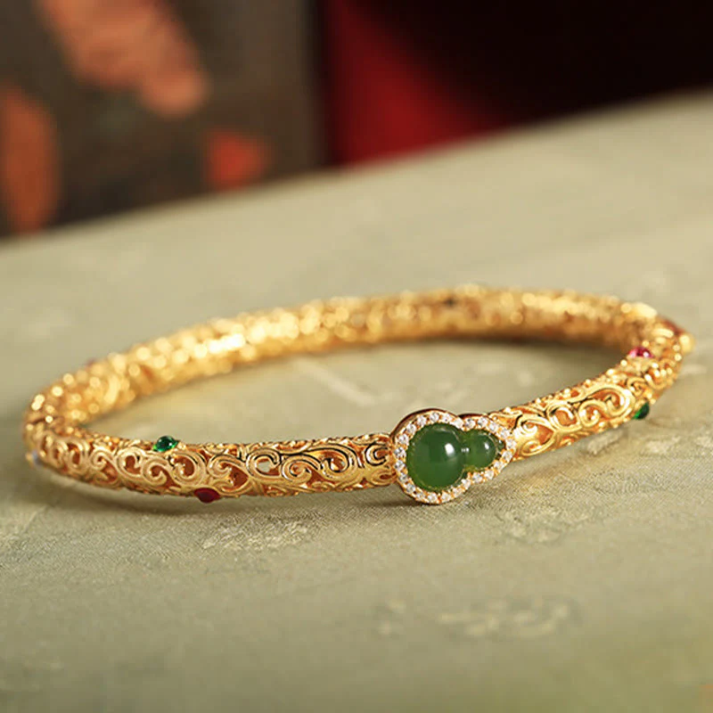 Buddha Stones Cyan Jade Copper Plated Gold Auspicious Clouds Gourd Luck Bracelet Bangle