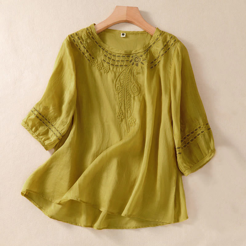 Buddha Stones Women's Crew Neck Hollow Design Half Sleeve Cotton Linen Shirt