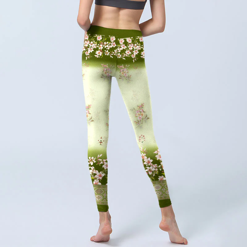 Buddha Stones Pink Flowers Green Leaves Print Gym Leggings Women's Yoga Pants