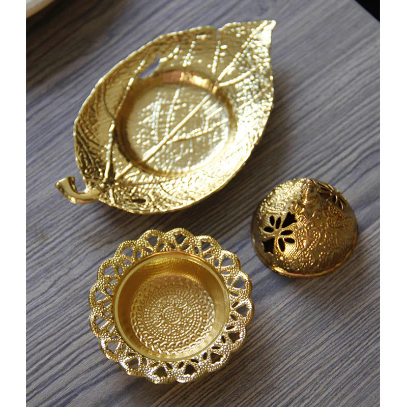 Buddha Stones Tibetan Gold Mini Leaf Coaster Meditation Incense Burner