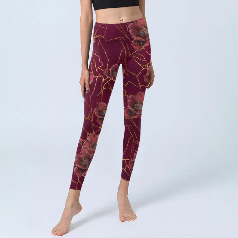 Buddha Stones Red Petals Golden Lines Pattern Print Gym Leggings Women's Yoga Pants