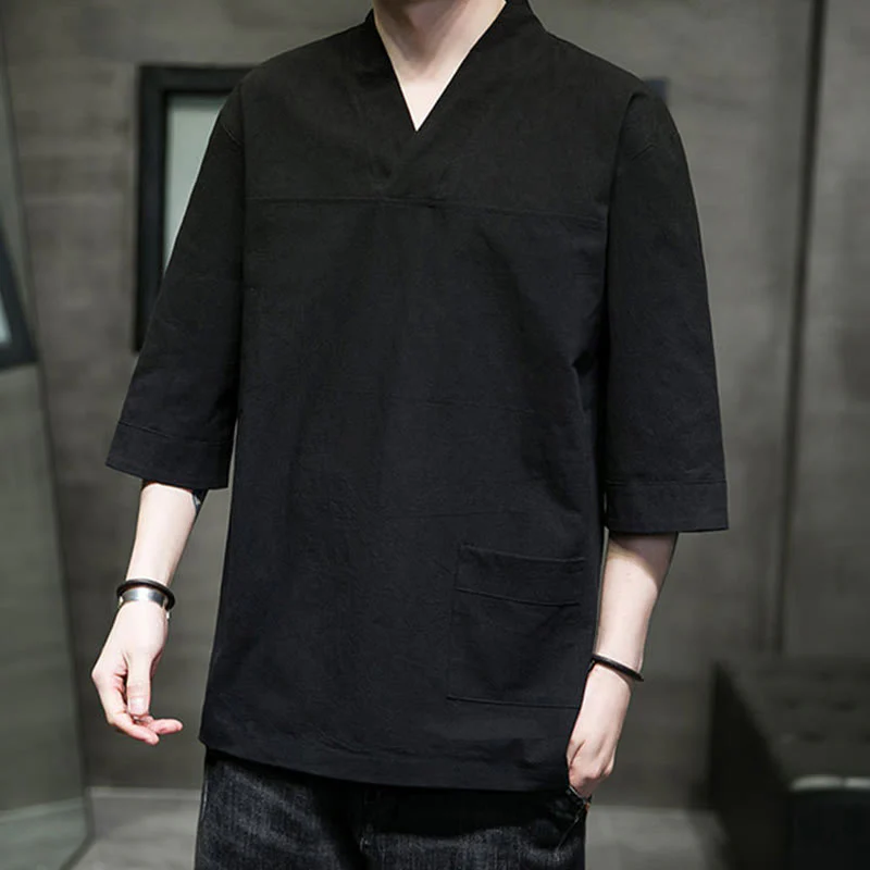 Buddha Stones Summer Casual Simple V-Neck Design Men's Cotton Linen Three Quarter Sleeve T-Shirt With Front Pocket