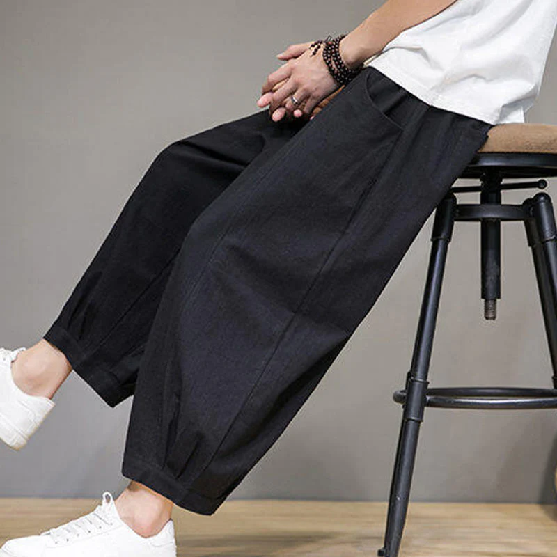 Buddha Stones Casual Plain Men's Cotton 7-8 Length Harem Pants With Pockets