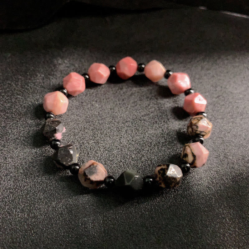 Buddha Stones Natural Rhodonite Black Line Red Spot Stone Polygon Beads Healing Bracelet