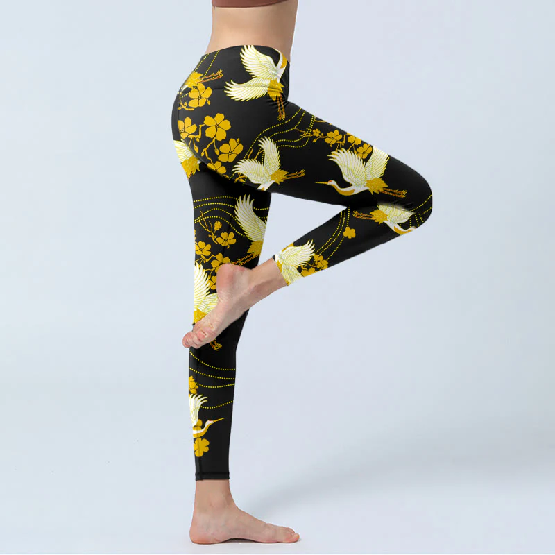 Buddha Stones Red-crowned Cranes Golden Flowers Line Pattern Print Gym Leggings Women's Yoga Pants