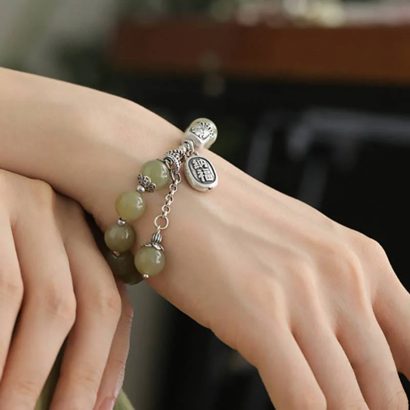Buddha Stones 925 Sterling Silver Hetian Jade Beads Luck Bracelet