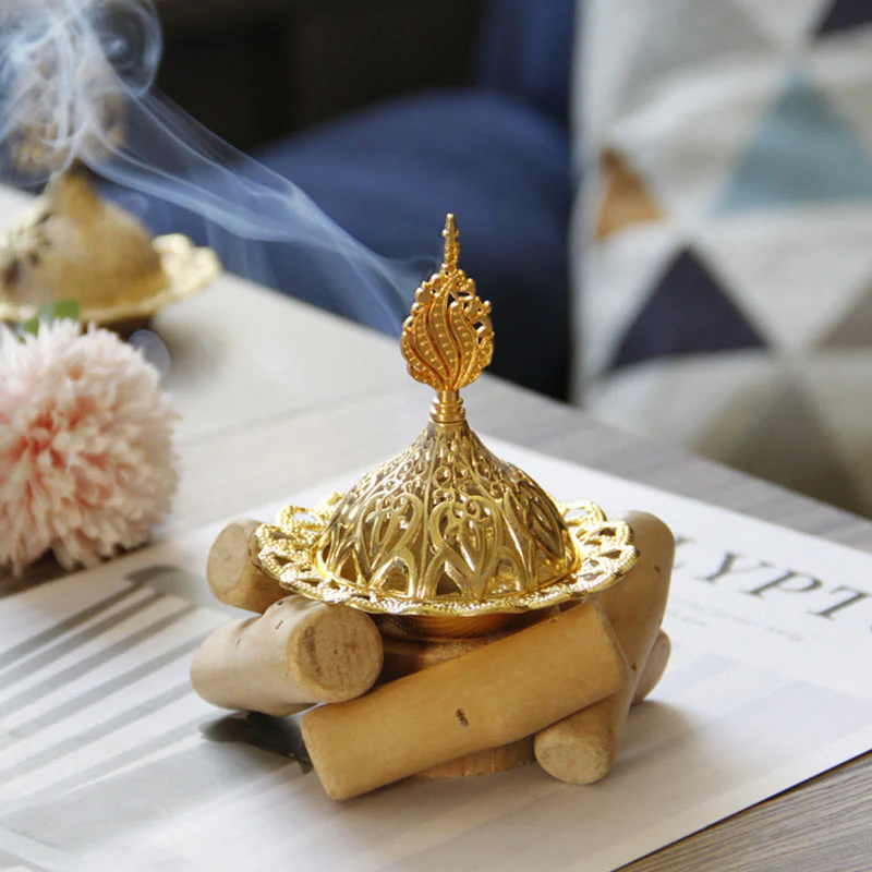 Buddha Stones Gold Alloy Healing Mini Incense Burner With Wooden Coaster Home Decor