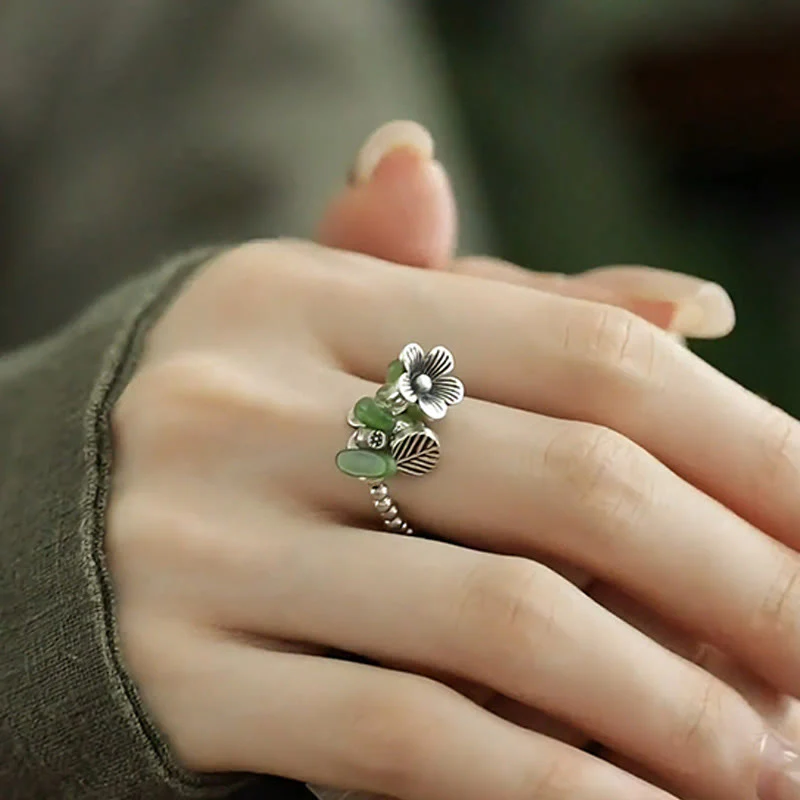 Buddha Stones Flower Pattern Copper Alloy Luck Elastic Rope Ring