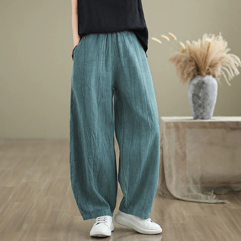 Buddha Stones Casual Plain Women's Cotton Linen Harem Pants With Pockets