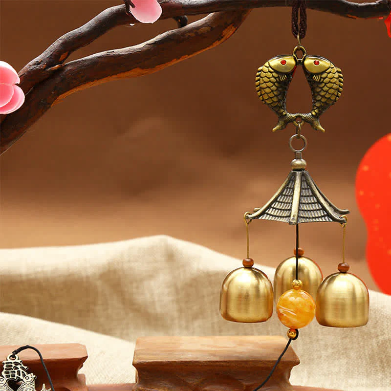 Buddha Stones Feng Shui Copper Coin Koi Fish Bagua Kirin Wind Chime Bell Luck Wall Hanging Decoration