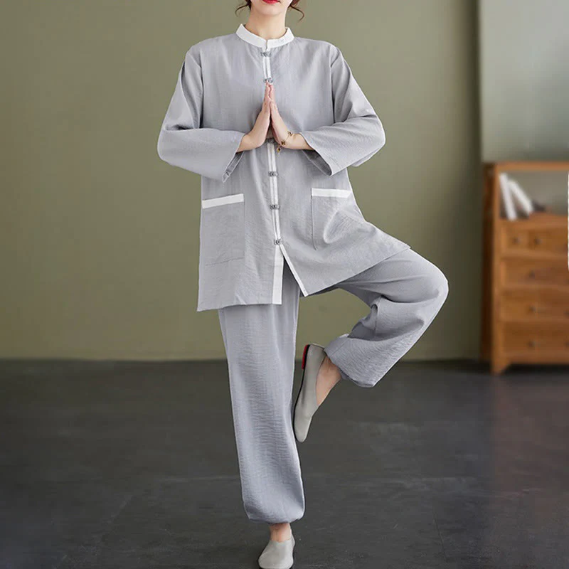 Buddha Stones 2pcs Cotton Tai Chi Shirt Top Pants Meditation Zen Clothing Women's Set