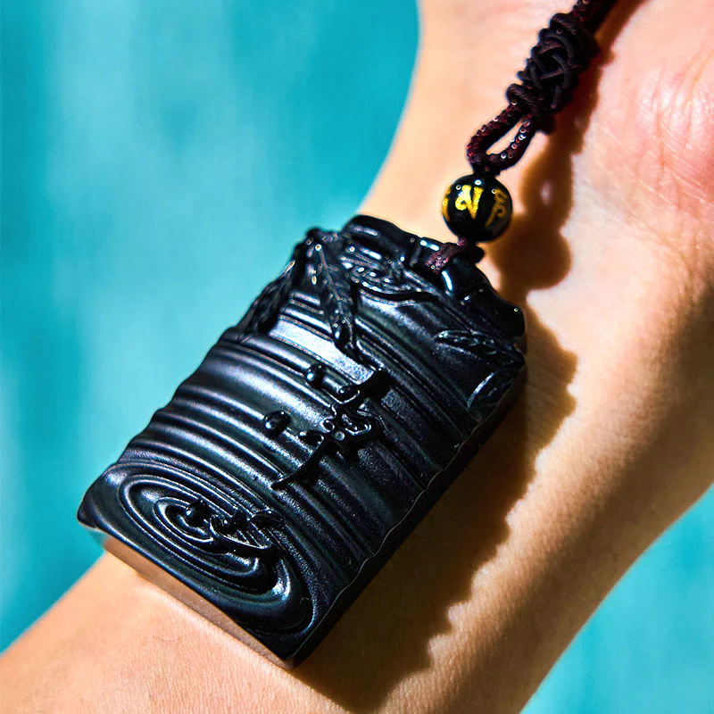 Buddha Stones Natural Black Obsidian Bamboo Fulfillment Necklace Pendant