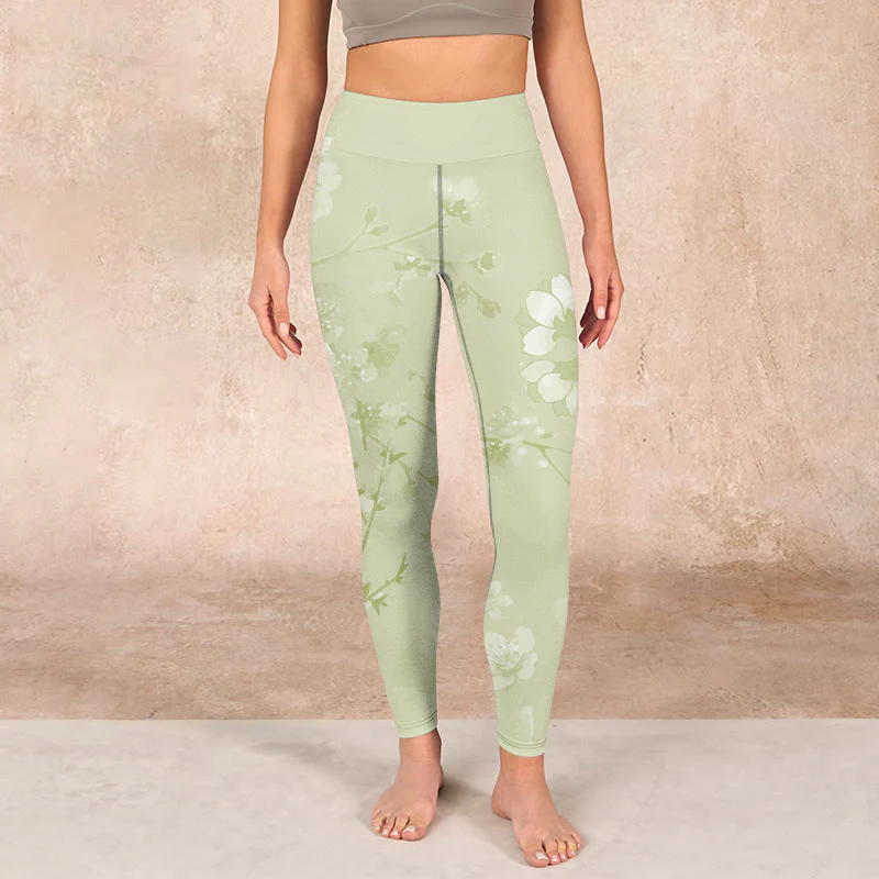 Buddha Stones White Plum Blossoms Print Gym Leggings Women's Yoga Pants