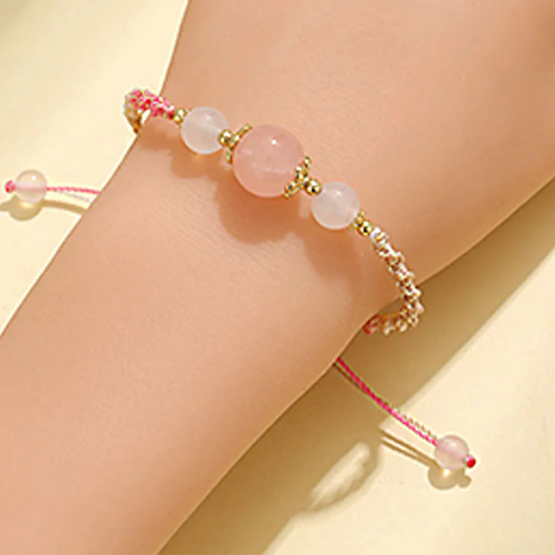 Buddha Stones Strawberry Quartz Pink Crystal Prehnite White Agate Bead Healing Rope Bracelet