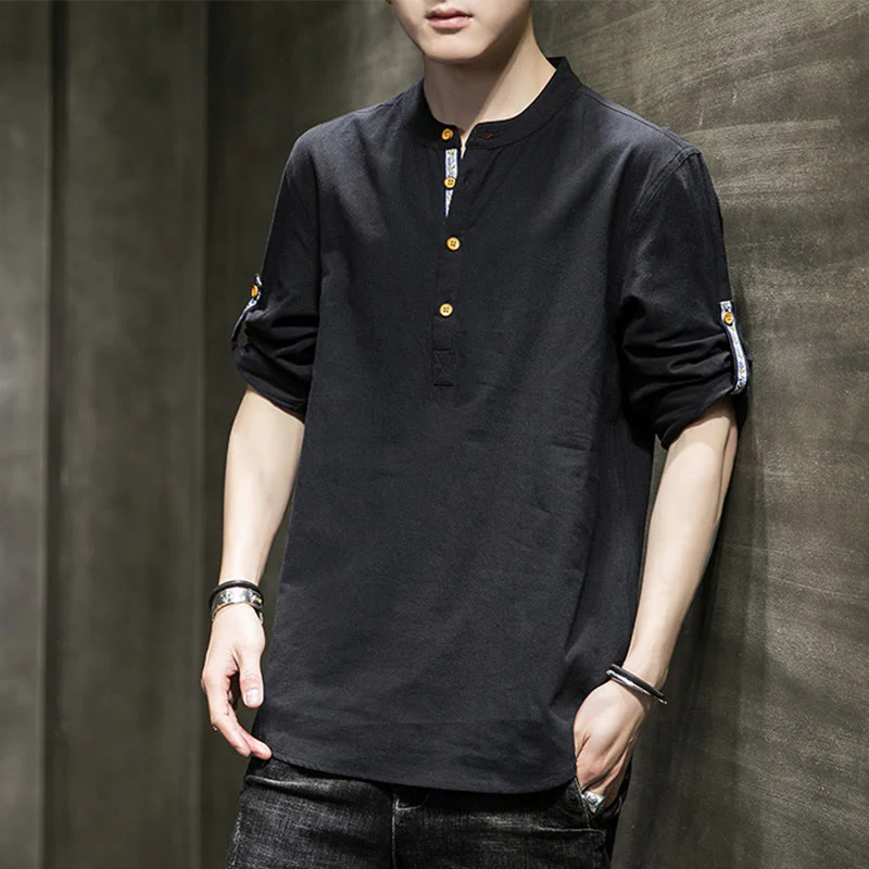 Buddha Stones Summer Solid Men's Half Buttons Half Sleeve Linen Shirt