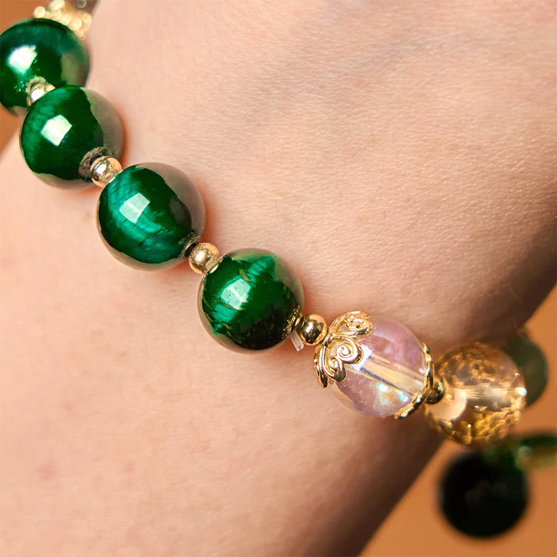 Buddha Stones Natural Green Tiger Eye Beads Green Leaf Positive Bracelet