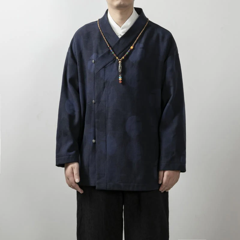 Buddha Stones Solid Color Men's V-Neck Long Sleeve Shirt Jacquard Cotton Clothing