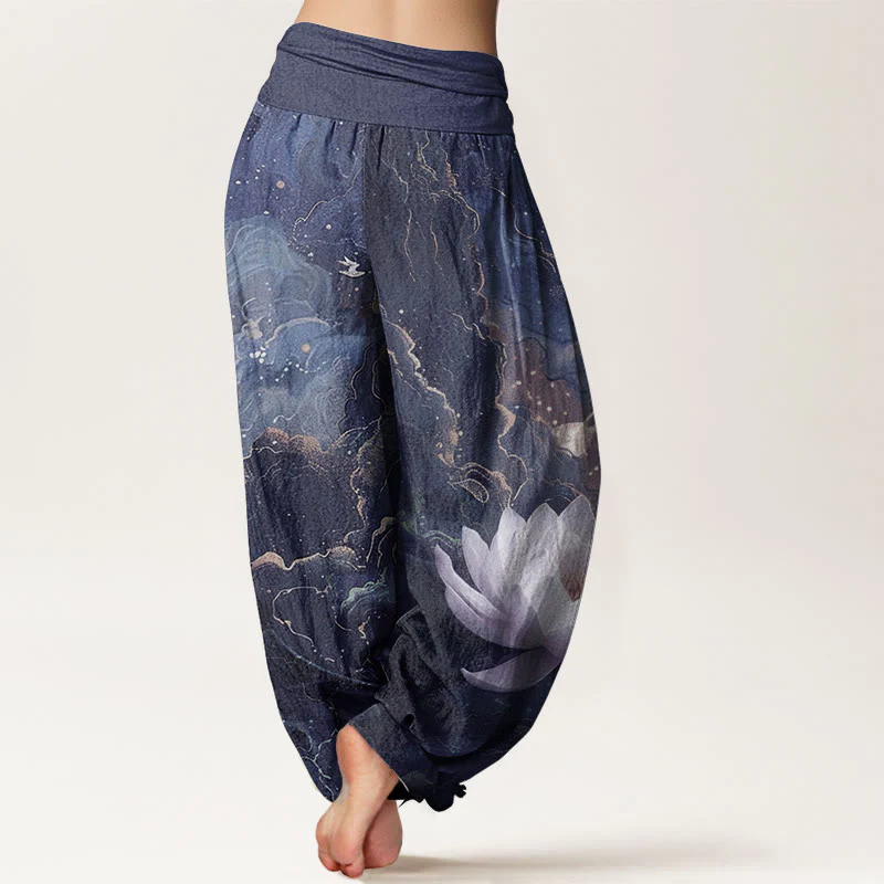 Buddha Stones Pure Cotton Casual Lotus Starry Sky Clouds Pattern Women's Elastic Waist Harem Pants