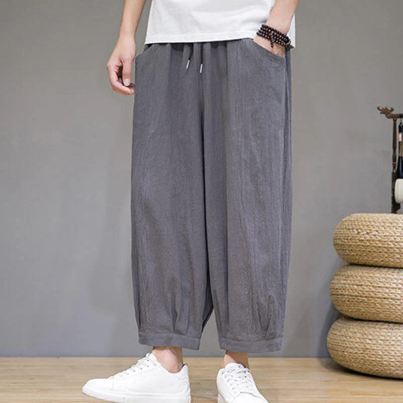 Buddha Stones Casual Plain Men's Cotton 7-8 Length Harem Pants With Pockets