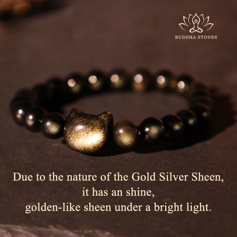 Buddha Stones Gold Sheen Obsidian Silver Sheen Obsidian Lovely Paw Lucky Cat Protection Bracelet