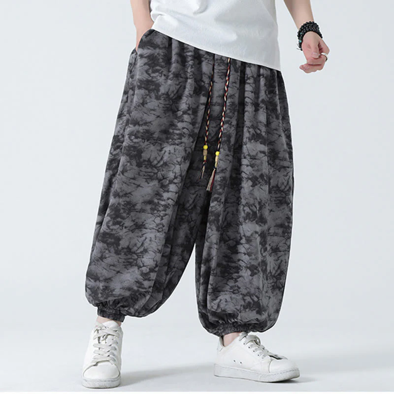Buddha Stones Retro Casual Drawstring Design Floral Pattern Men's Harem Pants With Pockets