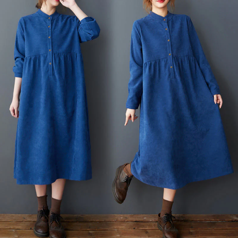 Buddha Stones Casual Plain Buttons Design Thermal Cotton Linen Midi Dress With Pockets