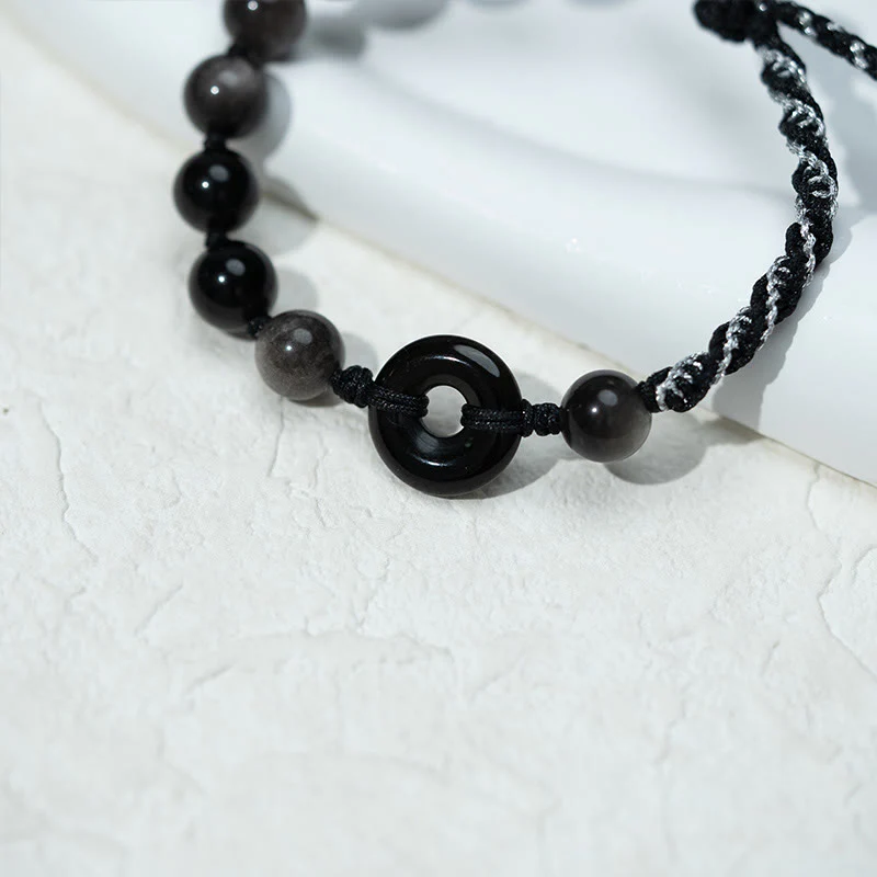 Buddha Stones Natural Black Obsidian Peace Buckle Purification Black Rope Bracelet