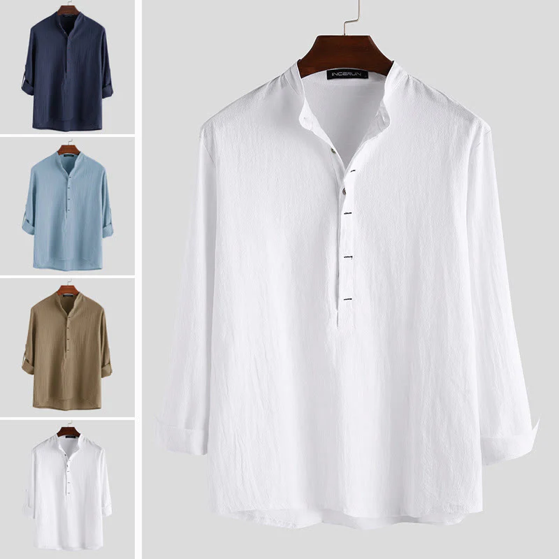 Buddha Stones Solid Color Half Buttons Long Sleeve Cotton Linen Men's Shirts