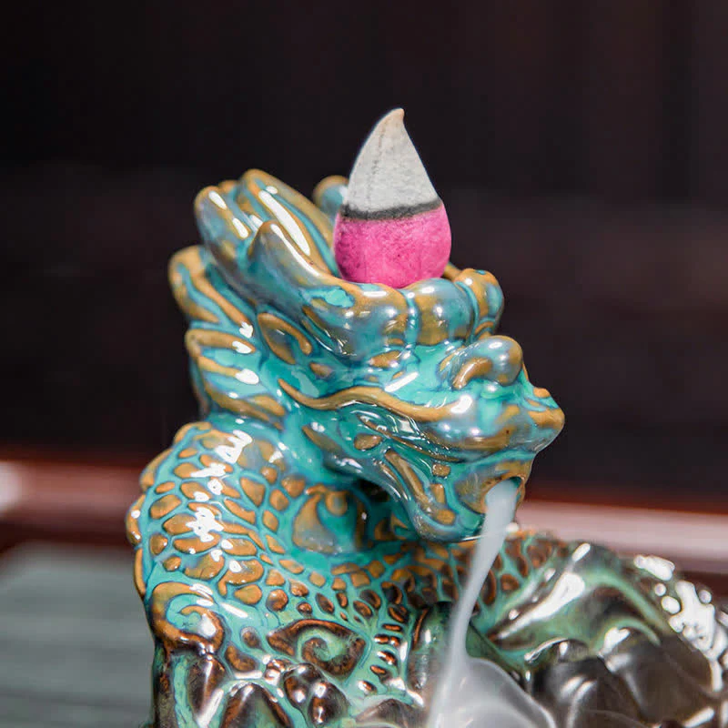 Buddha Stones Dragon Pattern Ceramic Backflow Smoke Fountain Incense Burner Decoration
